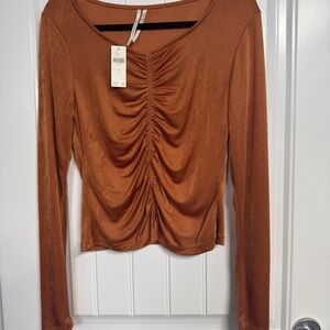 Anthropologie Rust Ruched Long-Sleeve Top
